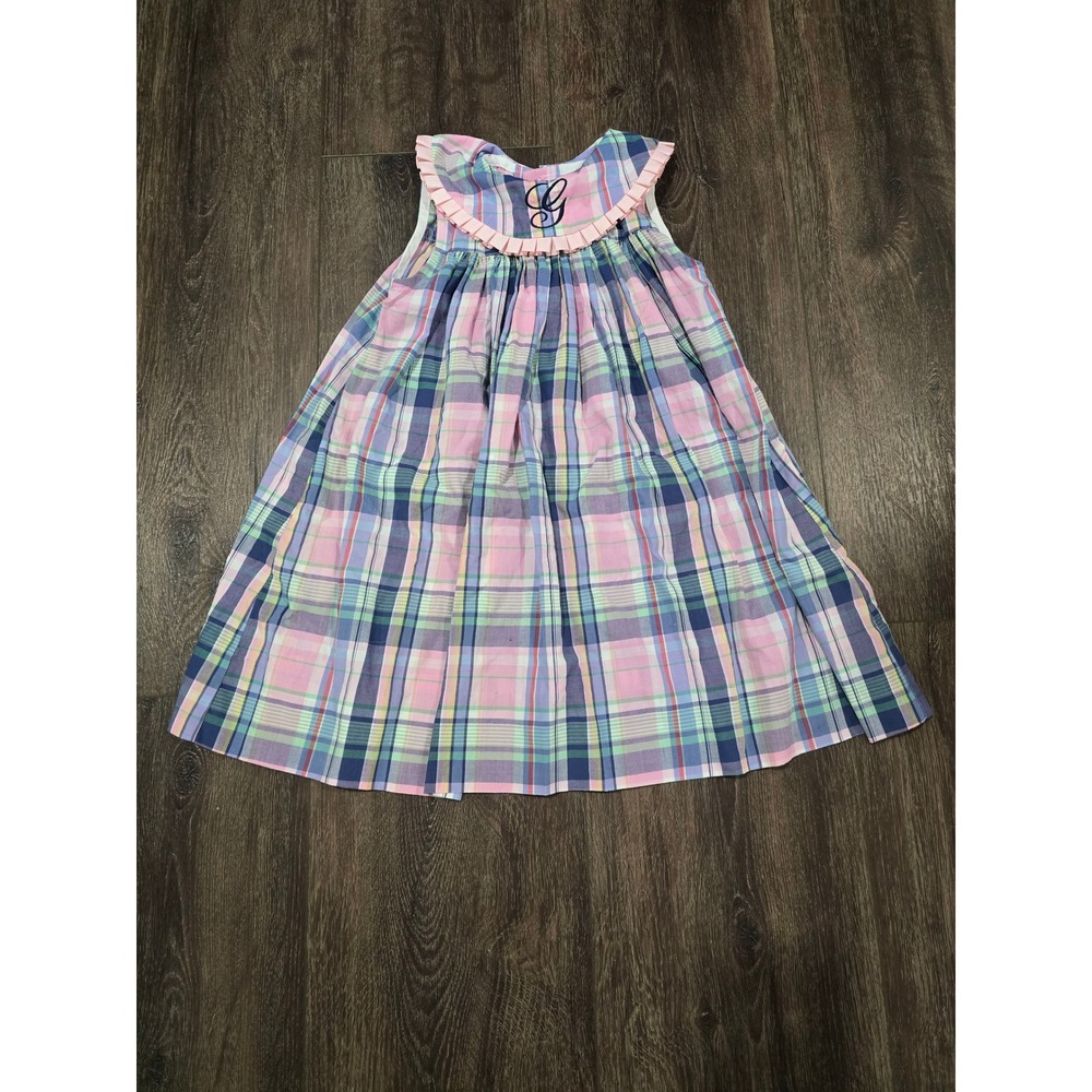 Bailey Boys Classics Girls 3T Plaid Dress Pink Blue Ruffle Collar Monogram G